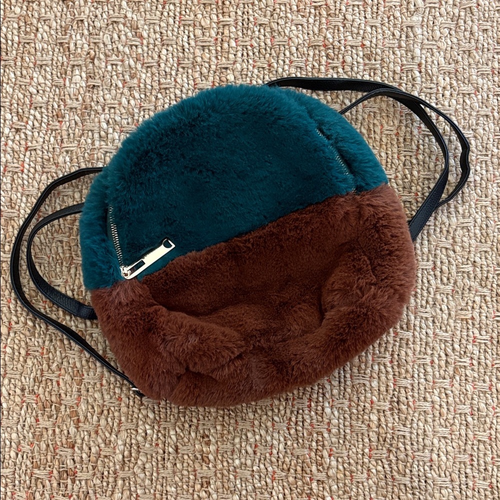 Plush Colorblock Round Faux Fur Backpack — Green and Brown